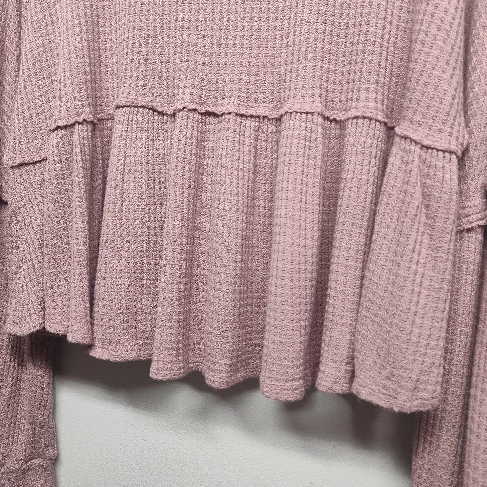 Altar'd State Crop Top Women Size S Pink Waffle Knit Long Sleeve Ruffle